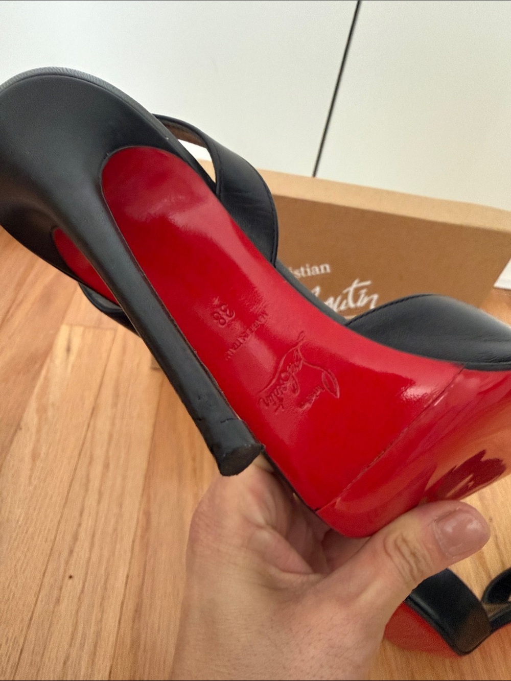 Christian Louboutin Black Leather Slingback Pointed Stilettos with Red Sole - Picture 6 of 11